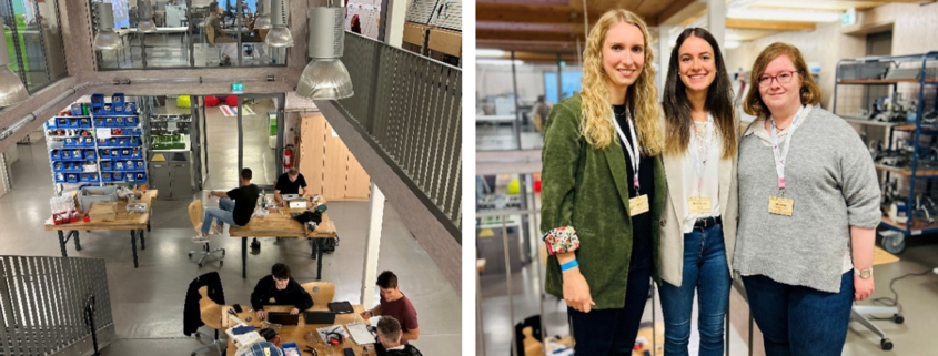 Links: Einblick in die Lernlabore der „EULE Gmünder Wissenswerkstatt“, Tagungsort des Technikdidaktik-Symposiums. Rechts: Team des Projekts learn.SHK, bereit für den Austausch und die Vernetzung mit den anderen Teilnehmenden des Technikdidaktik-Symposiums.